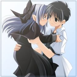 Rule 34 | 00s, 1boy, 1girl, black &amp; white, black hair, blue background, blue hair, blush, border, couple, eye contact, glasses, gradient background, len (tsukihime), long hair, long sleeves, looking at another, pointy ears, short hair, tohno shiki, tsukihime, yuuji overall