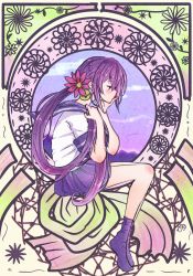 Rule 34 | 10s, 1girl, akebono (kancolle), bell, black legwear, floral background, flower, hair bell, hair flower, hair ornament, hand on own chin, highres, holding, holding hair, kantai collection, loafers, long hair, nora (salatto), purple hair, school uniform, serafuku, shoes, unworn shoes, side ponytail, sitting, solo, very long hair
