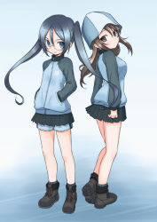 Rule 34 | 2girls, alternate hair length, alternate hairstyle, ankle boots, ankoku no ojisan, back-to-back, black-framed eyewear, blue footwear, blue headwear, blue jacket, blue shorts, blue skirt, boots, brown eyes, brown hair, closed mouth, commentary, emblem, from behind, full body, girls und panzer, glasses, grey eyes, grey hair, grey legwear, gym shorts, hands in pockets, hat, heel up, jacket, keizoku military uniform, light frown, long hair, long sleeves, looking at viewer, looking back, mika (girls und panzer), military, military uniform, miniskirt, multiple girls, pleated skirt, raglan sleeves, round eyewear, rumi (girls und panzer), school connection, short hair, shorts, shorts under skirt, single vertical stripe, skirt, smile, socks, standing, track jacket, twintails, uniform, aged down