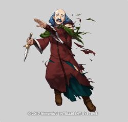 1boy balding blue_hair broken broken_weapon brown_footwear capelet commentary copyright_name dagger dai-xt facial_hair fire_emblem fire_emblem:_the_binding_blade fire_emblem_heroes full_body green_capelet holding holding_dagger holding_knife holding_weapon knife long_hair male_focus merlinus_(fire_emblem) mustache nintendo official_art old old_man open_mouth scared solo torn_clothes tunic weapon