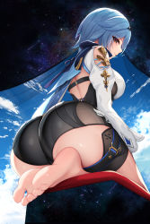 Rule 34 | 1girl, ass, ass focus, barefoot, blue hair, breasts, brown eyes, cape, eula (genshin impact), feet, foreshortening, from behind, from below, genshin impact, hairband, highres, huge ass, large breasts, leotard, looking at viewer, looking back, looking down, maoda, nekoda (maoda), shiny clothes, shiny skin, shooting star, short hair, sideboob, skin tight, sky, smile, solo, star (sky), starry sky, thigh strap, thighs