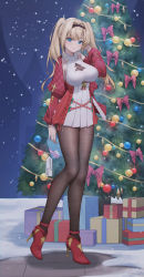 Rule 34 | 1girl, absurdres, bell, black hairband, black pantyhose, blonde hair, blue eyes, box, breasts, capelet, christmas, christmas ornaments, christmas tree, cleavage, cleavage cutout, clothing cutout, detached sleeves, dress, fur collar, gift, gift box, granblue fantasy, hairband, hand in own hair, high heels, highres, holding, holding gift, jingle bell, large breasts, long hair, looking at viewer, miso (b7669726), night, night sky, outdoors, pantyhose, red capelet, red footwear, red sleeves, sky, smile, snowing, twintails, white dress, zeta (granblue fantasy)