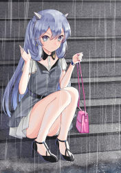 Rule 34 | 1girl, bag, black footwear, blue eyes, blue hair, commentary request, dress, fake horns, grey dress, handbag, horned headwear, horns, i-203 (kancolle), kantai collection, light blue hair, looking at viewer, mayura (lucadia), official alternate costume, rain, sitting, solo, stairs, toeless footwear, watch, wristwatch