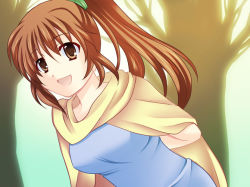 Rule 34 | arms behind back, bad id, bad pixiv id, brown eyes, brown hair, cape, kona panda, open mouth, ponytail, solo, tree