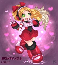 Rule 34 | 1girl, blonde hair, blush, boots, call (mighty no. 9), call f, flat chest, green eyes, headphones, heart, highres, knee boots, long hair, mighty no. 9, ponytail, robot, signature, smile, solo, striped, striped sleeves, syahilla, v