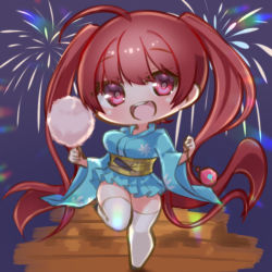 Rule 34 | 1girl, aerial fireworks, ahoge, alternate costume, azur lane, blue kimono, blush, bouncing breasts, breasts, chibi, cotton candy, fireworks, floral print, food, hands up, holding, holding food, honolulu (azur lane), honolulu (among the stalls) (azur lane), japanese clothes, kimono, kimono skirt, leg up, long hair, looking at viewer, medium breasts, night, night sky, obi, open mouth, pleated skirt, purple eyes, red hair, round teeth, sash, seele0907, skirt, sky, smile, solo, standing, standing on one leg, teeth, thighhighs, thighs, tongue, twintails, very long hair, white thighhighs, wide sleeves, wooden floor, yukata