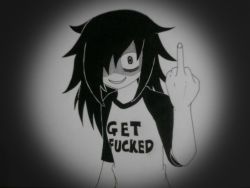 Rule 34 | 1girl, artist request, bags under eyes, clothes writing, constricted pupils, dark, english text, female focus, flat chest, gradient background, grey background, greyscale, hair over one eye, hand up, happy, kuroki tomoko, long hair, looking at viewer, messy hair, middle finger, monochrome, open mouth, profanity, raglan sleeves, shirt, sidelocks, simple background, smile, solo, source request, standing, upper body, watashi ga motenai no wa dou kangaetemo omaera ga warui!