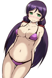 Rule 34 | 10s, 1girl, arms at sides, bikini, blush, breasts, cleavage, covered erect nipples, dutch angle, green eyes, large breasts, long hair, looking at viewer, love live!, love live! school idol project, navel, purple hair, scrunchie, simple background, smile, solo, standing, suzuhara shima, sweat, swimsuit, tojo nozomi, twintails, very long hair, white background
