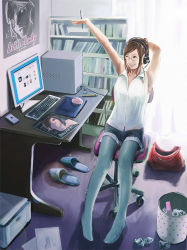 Rule 34 | 1girl, arms up, bad id, bad pixiv id, bag, bare shoulders, blue pantyhose, bookshelf, brown eyes, brown hair, cellphone, chair, computer, curtains, drawing tablet, full body, glasses, handbag, headphones, keyboard (computer), legs, lens flare, long hair, magazine (object), monitor, mouse (animal), mouse (computer), one eye closed, original, pantyhose, phone, poster (medium), poster (object), sitting, slippers, smile, socha (pixiv99744), solo, stretching, trash can, wink