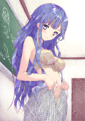 Rule 34 | 1girl, aramachi, asari nanami, asymmetrical bangs, bare arms, bare shoulders, blue eyes, blue hair, blush, bra, breasts, chalkboard, checkered clothes, checkered skirt, classroom, closed mouth, dolphin hair ornament, door, from below, grey skirt, hair ornament, hairclip, highres, idolmaster, idolmaster cinderella girls, indoors, long hair, looking at viewer, looking down, medium breasts, navel, open fly, panties, panty peek, school, skirt, smile, solo, straight hair, underwear, undressing, unzipped, very long hair, yellow bra, yellow panties