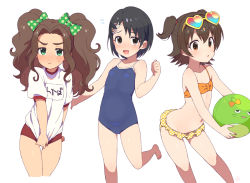 Rule 34 | 3girls, akagi miria, bad id, bad pixiv id, ball, bare arms, bare legs, bare shoulders, barefoot, bikini, black hair, blouse, blue one-piece swimsuit, blush, bow, breasts, brown eyes, brown hair, commentary request, competition school swimsuit, eyewear on head, facial mark, flower, green bow, green eyes, hair between eyes, hair flower, hair ornament, hairclip, heart, heart-shaped eyewear, holding, holding ball, idolmaster, idolmaster cinderella girls, kusakabe wakaba, leg up, long hair, looking at viewer, moyori, multiple girls, one-piece swimsuit, open mouth, orange bikini, polka dot, polka dot bow, rabbit hair ornament, red shorts, sasaki chie, school swimsuit, shirt, short hair, short shorts, short sleeves, shorts, side ponytail, simple background, small breasts, sunglasses, swimsuit, whisker markings, white background, white shirt