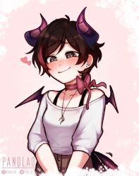 Rule 34 | 1girl, artist name, bare shoulders, black eyes, blush, bow, breasts, brown hair, choker, cropped legs, demon girl, demon horns, demon wings, heart, highres, horns, jewelry, long sleeves, necklace, original, pan (panqlao), panqlao, pink bow, pink choker, red hair, shirt, simple background, small breasts, smile, solo, white background, white shirt, wings