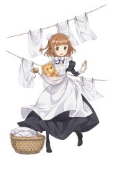 Rule 34 | 1girl, baby bottle, beatrice (princess principal), bottle, brown eyes, brown hair, bun cover, clothes pin, clothesline, cradle, double bun, full body, hair bun, highres, looking at viewer, maid, official art, open mouth, princess principal, princess principal game of mission, solo, standing, stuffed animal, stuffed toy, teddy bear, toy, transparent background