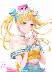 Rule 34 | 1girl, absurdres, artist name, back bow, bang dream!, bare shoulders, bear hat, blonde hair, blue bow, blue choker, blue dress, bow, bow earrings, choker, closed mouth, collarbone, commentary, diamond hair ornament, dress, earrings, fingernails, floating hair, frilled dress, frilled headwear, frilled sleeves, frills, hair bow, hair ornament, hairclip, hands up, hat, heart, heart choker, heart earrings, heart hair, highres, jewelry, light blush, long hair, looking at viewer, michelle (bang dream!), multicolored clothes, multicolored dress, nail polish, off-shoulder dress, off shoulder, official alternate costume, official alternate hairstyle, pink dress, pink nails, rity, see-through, short sleeves, simple background, smile, solo, steepled fingers, striped choker, tilted headwear, tsurumaki kokoro, twintails, twitter username, upper body, white background, wrist cuffs, yellow bow, yellow dress, yellow eyes