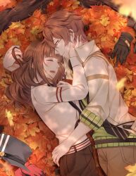 Rule 34 | 1boy, 1girl, absurdres, autumn leaves, black headwear, brown eyes, brown hair, brown pants, brown skirt, cardia beckford, closed eyes, coat, code:realize, commentary, day, glasses, gloves, green sweater, happy, hat, hetero, highres, laughing, long sleeves, looking at another, lying, on side, outdoors, pants, red gloves, sayumari, shirt, skirt, sweater, symbol-only commentary, unworn gloves, unworn hat, unworn headwear, victor frankenstein (code:realize), white coat, white shirt