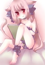 Rule 34 | 1girl, :|, animal ears, bad id, bad pixiv id, bed, blush, bra, bra pull, breasts, brown hair, cat ears, cat girl, cat tail, closed mouth, clothes pull, female focus, female masturbation, frills, lingerie, long hair, masturbation, nipple slip, nipples, panties, pecoe, pen, red eyes, ribbon, sketchbook, small breasts, solo, sweat, tail, through panties, underwear, underwear only, very long hair
