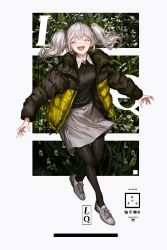 Rule 34 | 1girl, absurdres, black pantyhose, colored skin, closed eyes, fangs, full body, hair between eyes, happy, highres, jacket, lm7 (op-center), looking at viewer, open mouth, pantyhose, shoes, silver hair, simple background, skirt, smile, solo, standing, twintails, white skin