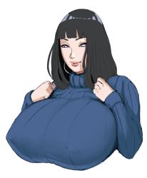 Rule 34 | 1girl, black hair, blue shirt, boruto: naruto next generations, breasts, clothes pull, earrings, highres, huge breasts, hyuuga hinata, jewelry, large breasts, purple eyes, lips, lipstick, long hair, looking at viewer, looking back, makeup, mature female, naruto (series), nipples, no pupils, pale skin, pupiless eyes, shirt, shirt pull, shirt tug, short hair, solo, sweater, tagme, thick lips, ultivlad, white background