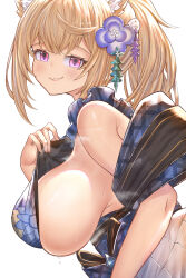 Rule 34 | 1girl, :3, absurdres, alternate costume, alternate hairstyle, animal ears, bare shoulders, blonde hair, blue kimono, breast slip, breasts, dog ears, dog girl, flower, fuwawa abyssgard, hair flower, hair ornament, highres, hololive, hololive english, honkivampy, huge breasts, japanese clothes, kimono, looking at viewer, no bra, official alternate costume, official alternate hairstyle, pink eyes, ponytail, sideboob, simple background, solo, virtual youtuber, white background