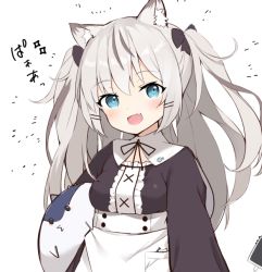 Rule 34 | 1girl, :d, animal ear fluff, animal ears, animal-shaped pillow, animal print, apron, bad id, bad twitter id, black bow, black dress, black ribbon, blue eyes, blush, bow, breasts, cat ears, cat girl, dress, fang, fish print, gedou (shigure seishin), grey hair, hair bow, hair ornament, hairclip, hinatsuki mofu, holding, holding pillow, indie virtual youtuber, long hair, looking to the side, medium breasts, neck ribbon, open mouth, pillow, ribbon, skin fang, smile, solo, twintails, upper body, virtual youtuber, white apron, white background, wide sleeves