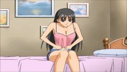 Rule 34 | 1girl, animated, animated gif, areola slip, bare shoulders, bed, black hair, blue eyes, blunt bangs, bouncing breasts, breasts, bursting breasts, cleavage, female focus, inconvenient breasts, indoors, kyonyuu, large breasts, long hair, lowres, midriff, mizushima asa, navel, no bra, on bed, photo (object), pillow, shorts, sitting, solo, sora no iro mizu no iro, tan, tanline