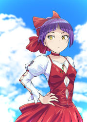Rule 34 | 1girl, adapted costume, blue sky, choker, closed mouth, cloud, commentary request, day, dress, gegege no kitarou, hair ribbon, hand on own hip, highres, looking to the side, nekomusume, nekomusume (gegege no kitarou 6), puffy sleeves, purple hair, red choker, red dress, red ribbon, ribbon, shirt, short hair, sky, solo, ueyama michirou, white shirt, yellow eyes