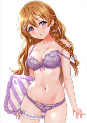 Rule 34 | 1girl, blush, bra, braid, breasts, bridal garter, cleavage, collarbone, commentary request, flower, hair flower, hair ornament, highres, holding, holding pillow, konoe kanata, large breasts, long hair, looking at viewer, love live!, love live! nijigasaki high school idol club, love live! school idol festival all stars, messy hair, navel, orange hair, panties, pillow, purple bra, purple eyes, purple panties, sankuro (agoitei), shiny skin, simple background, solo, strap slip, underwear, underwear only, wavy hair, white background