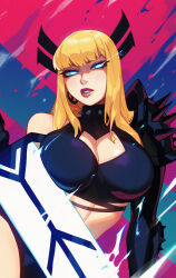 Rule 34 | 1girl, animification, blonde hair, blue eyes, breasts, highres, huge weapon, illyana rasputina, large breasts, looking at viewer, magik (x-men), marvel, new mutants, qtori, short shorts, shorts, solo, spiked pauldrons, sword, weapon, x-men