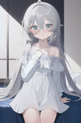 Rule 34 | 1girl, :o, absurdres, ahoge, anparu, arm support, bare shoulders, bed, blush, collarbone, commentary, cowboy shot, crossed bangs, dress, grey eyes, grey hair, hair between eyes, hand on own chest, hand up, highres, indoors, long hair, long sleeves, looking at viewer, off-shoulder dress, off shoulder, on bed, open mouth, original, pillow, short dress, sitting, solo, strap slip, sweatdrop, very long hair, white dress