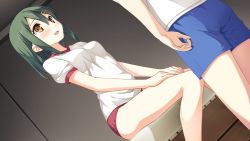 Rule 34 | 1girl, blouse, blush, brown eyes, buruma, dutch angle, enomoto kaho, from side, game cg, green hair, gym storeroom, gym uniform, hair between eyes, hair ornament, hairclip, highres, indoors, kantoku, knees together feet apart, legs together, looking at another, narrow waist, non-web source, parted bangs, parted lips, shirt, short sleeves, sitting, solo focus, standing, underwear, white shirt, your diary