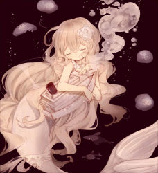 Rule 34 | 1girl, air bubble, bare arms, bare shoulders, bubble, closed eyes, coco (hinatacoco), dark background, flower, hair between eyes, hair flower, hair ornament, highres, holding, jellyfish, long hair, mermaid, monster girl, original, shark, ship, simple background, smile, solo, underwater, very long hair, watercraft, white flower