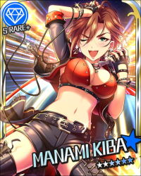 Rule 34 | 10s, 1girl, artist request, belt, boots, bracelet, breasts, brown hair, card (medium), character name, cleavage, earrings, fingerless gloves, gem (symbol), gloves, green eyes, hand in own hair, idolmaster, idolmaster cinderella girls, jacket, jewelry, jpeg artifacts, kiba manami, large breasts, looking at viewer, microphone, midriff, navel, necklace, official art, one eye closed, open clothes, open jacket, open mouth, short hair, shorts, smile, solo, thigh boots, thighhighs