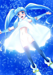 Rule 34 | 10s, 1girl, blue eyes, blue hair, blue theme, blue thighhighs, blush, censored, cure princess, dress, female focus, happinesscharge precure!, kurogane (majesticrune), long hair, long twintails, matching hair/eyes, navel, no panties, open mouth, outstretched arms, precure, shirayuki hime, sidelocks, solo, sparkle, spread arms, thighhighs, twintails, upskirt, very long hair