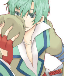 Rule 34 | 1boy, alfa system, fingerless gloves, gloves, green hair, grey eyes, hat, male focus, short hair, simple background, solo, spada belforma, tales of (series), tales of innocence, upper body, white background, you (kimito)