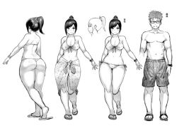 Rule 34 | 1boy, 1girl, ass, bikini, breasts, character sheet, large breasts, mole, mole under mouth, monochrome, multiple views, ponytail, swimsuit, synecdoche, thick thighs, thighs