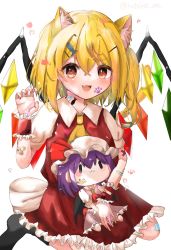 Rule 34 | 1girl, :3, :d, animal ear fluff, animal ears, artist request, ascot, bandaid, bat wings, blonde hair, blush, bow, brooch, cat ears, character doll, chibi, crystal, dress, fang, fangs, flandre scarlet, hair between eyes, hair ornament, hairclip, hat, heart, highres, jewelry, kemonomimi mode, looking at viewer, no headwear, no headwear, open mouth, puffy short sleeves, puffy sleeves, red eyes, red skirt, red vest, remilia scarlet, shirt, short sleeves, simple background, sitting, skirt, skirt set, smile, solo, touhou, vest, white background, wings, wrist cuffs