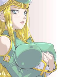 Rule 34 | 1girl, blonde hair, blue eyes, breast rest, breasts, covered erect nipples, freya (valkyrie profile), green hat, hat, huge breasts, large breasts, long hair, lowres, oekaki, puffy areolae, solo, valkyrie profile (series), watarabe keiichi
