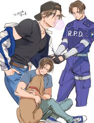 Rule 34 | 1boy, animal, backwards hat, baseball cap, belt, black gloves, black shirt, blue jacket, blue pants, brown belt, brown hair, chewing gum, closed eyes, cross, cross necklace, dog, fingerless gloves, gloves, green pants, hat, jacket, jewelry, leon s. kennedy, male focus, multicolored clothes, multicolored jacket, multiple views, necklace, off shoulder, open clothes, open jacket, pants, resident evil, resident evil 2, shirt, short hair, smile, tatsumi (psmhbpiuczn), translation request, two-tone jacket, white jacket
