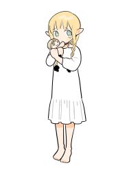 Rule 34 | 1girl, aged down, bare legs, barefoot, braid, character doll, child, doll, dress, dungeon meshi, elf, falin touden, falin touden (doll), frs2, full body, green eyes, hair around ear, hair over shoulder, highres, holding, holding doll, hugging object, long hair, long sleeves, looking at viewer, marcille donato, pointy ears, sideways glance, simple background, solo, standing, stuffed toy, tears, twin braids, twintails, white background, white dress