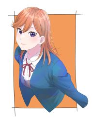 Rule 34 | 1girl, blue jacket, closed mouth, collared shirt, cropped arms, cropped torso, dress shirt, hair between eyes, highres, jacket, long hair, looking at viewer, love live!, love live! superstar!!, neck ribbon, open clothes, open jacket, orange hair, purple eyes, red ribbon, ribbon, s sho mkrn, school uniform, shibuya kanon, shirt, smile, solo, straight hair, upper body, white shirt, wing collar, yuigaoka school uniform