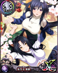 Rule 34 | 2girls, animal ears, black hair, breasts, card (medium), cat ears, cat girl, chess piece, color connection, female focus, flower, hair ribbon, high school dxd, himejima akeno, kuroka (high school dxd), large breasts, long hair, looking at viewer, lying, multiple girls, official art, open mouth, purple lips, queen (chess), ribbon, sitting, slit pupils, smile, trait connection, yellow eyes, yellow ribbon