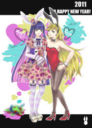 Rule 34 | 10s, 2girls, animal ears, bare shoulders, blonde hair, blush, breasts, dress, english text, fake animal ears, fishnets, frown, gothic lolita, green eyes, hat, high heels, leotard, lolita fashion, long hair, makeup, mary janes, multicolored hair, multiple girls, nail polish, new year, panty &amp; stocking with garterbelt, panty (psg), pantyhose, pink hair, playboy bunny, purple hair, rabbit ears, shoes, siblings, simple background, sleeves past wrists, small breasts, smile, stocking (psg), very long hair
