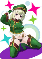 Rule 34 | 1girl, absurdres, aiguillette, araga kiwi, arm behind back, black panties, blonde hair, boots, breasts, brown eyes, coat, double bun, full body, garter straps, gloves, gluteal fold, green coat, green footwear, green gloves, green hat, groin, hair bun, half gloves, hat, highres, kneeling, leoparde (mahou shoujo ni akogarete), long sleeves, looking at viewer, mahou shoujo ni akogarete, medal, medium breasts, military coat, military hat, mole, mole under eye, no pants, panties, parted lips, partially visible vulva, shuijiaojun, sleeve cuffs, solo, spread legs, star (symbol), stomach, thigh boots, thighhighs, underwear, v over head, wide sleeves