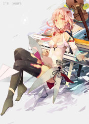 Rule 34 | 10s, 1girl, bare shoulders, black thighhighs, breasts, cello, cleavage, detached sleeves, dress, english text, evers, guilty crown, hair ornament, hair tubes, hairclip, instrument, long hair, looking at viewer, no shoes, piano, pink eyes, pink hair, solo, thighhighs, white dress, yuzuriha inori