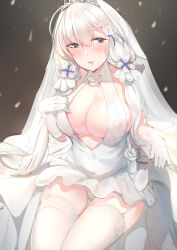 Rule 34 | 1girl, absurdres, azur lane, bare shoulders, blue eyes, blush, breasts, bridal veil, cleavage, dress, elbow gloves, flower, foodtoyc, garter straps, gloves, hair flower, hair ornament, highres, illustrious (azur lane), illustrious (morning star of love and hope) (azur lane), large breasts, looking at viewer, low twintails, mole, mole under eye, panties, parted lips, pulled by self, sitting, solo, strap pull, thighhighs, tiara, twintails, underwear, veil, wedding dress, white dress, white gloves, white hair, white panties, white thighhighs