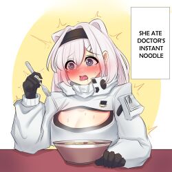 Rule 34 | 1girl, abineko, absurdres, animal ears, arknights, aurora (arknights), bear ears, black gloves, black hairband, blue eyes, bowl, breasts, cleavage, cleavage cutout, clothing cutout, commentary request, crying, crying with eyes open, food, fork, gloves, hairband, hand up, highres, holding, holding fork, jacket, long hair, long sleeves, medium breasts, noodles, open mouth, ramen, solo, tears, tongue, tongue out, upper body, white hair, white jacket