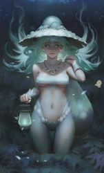 Rule 34 | 1girl, absurdres, aqua eyes, aqua hair, bare shoulders, blush, breasts, budget sarashi, commentary, floating hair, grass, guweiz, hat, highres, holding, jewelry, lantern, lips, long hair, looking at viewer, medium breasts, monster girl, navel, necklace, original, parted lips, pink lips, sack, sarashi, scales, shell, shell necklace, solo, underboob, underwater
