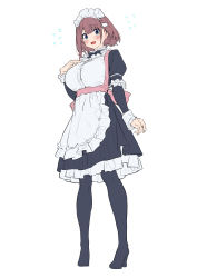 Rule 34 | 1girl, absurdres, apron, baffu, blue eyes, blush, breasts, brown hair, full body, highres, hitoyo (baffu), large breasts, looking at viewer, maid, maid apron, maid headdress, open mouth, original, pantyhose, short hair, solo, white background