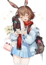 Rule 34 | 1girl, absurdres, amiya (arknights), amiya (fresh fastener) (arknights), animal, animal ears, arknights, bag, bird, blue skirt, blush, brown hair, cake, closed eyes, clothed animal, clothes writing, ershuihe, flower, food, fruit, hair between eyes, heart, highres, holding, holding animal, jacket, long sleeves, off shoulder, open mouth, penguin, pleated skirt, rabbit ears, rabbit girl, red scarf, scarf, simple background, skirt, solo, spoken heart, strawberry, thighhighs, white background, white flower, white thighhighs