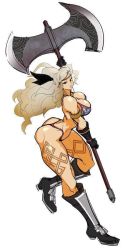 Rule 34 | 1girl, amazon (dragon&#039;s crown), armlet, armor, ass, axe, bikini armor, blonde hair, boots, breasts, circlet, dragon&#039;s crown, feathers, gloves, halberd, huge weapon, large breasts, long hair, polearm, solo, thick thighs, thighhighs, thighs, watatanza, weapon